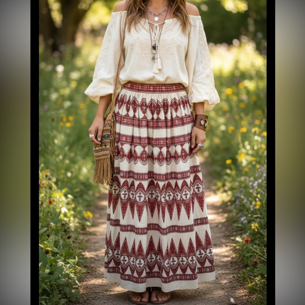 Vtg Maxi Skirt Fully Embroidered Cotton Red Beige Art To wear festival hippie